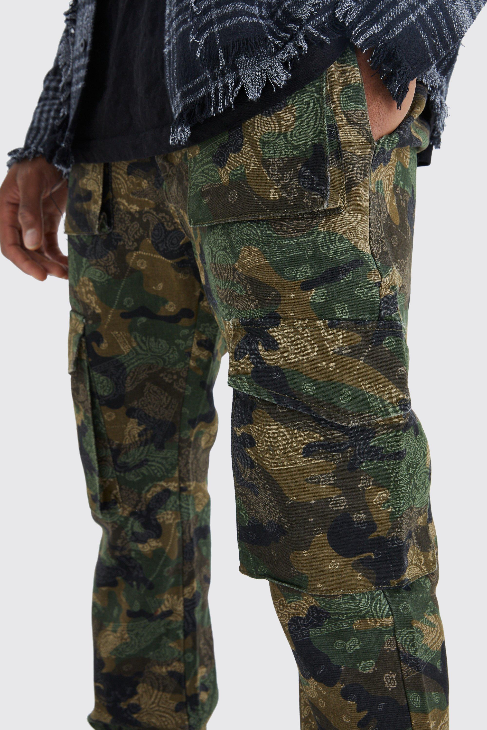Slim Stacked Flare Multi Cargo Camo Bandana Pants | boohoo USA